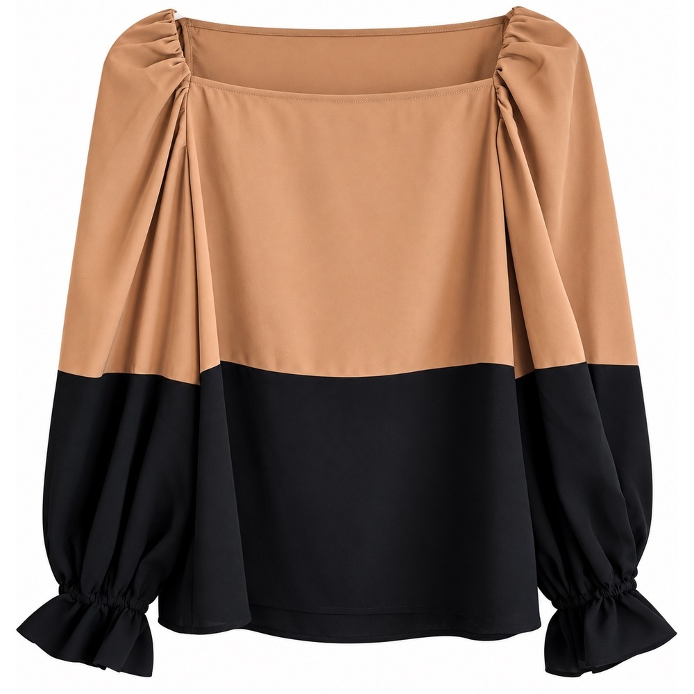 CROSBY by Mollie Burch Blouse S Tan Black Color Block Old Money Balloon Sleeve